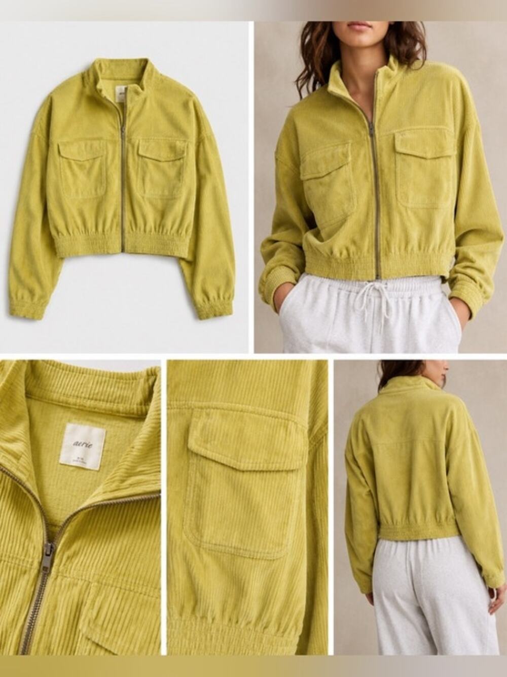 AERIE Top Womens Size XL Neon Green Shacket Crop Zip Front Corduroy Pockets NWT